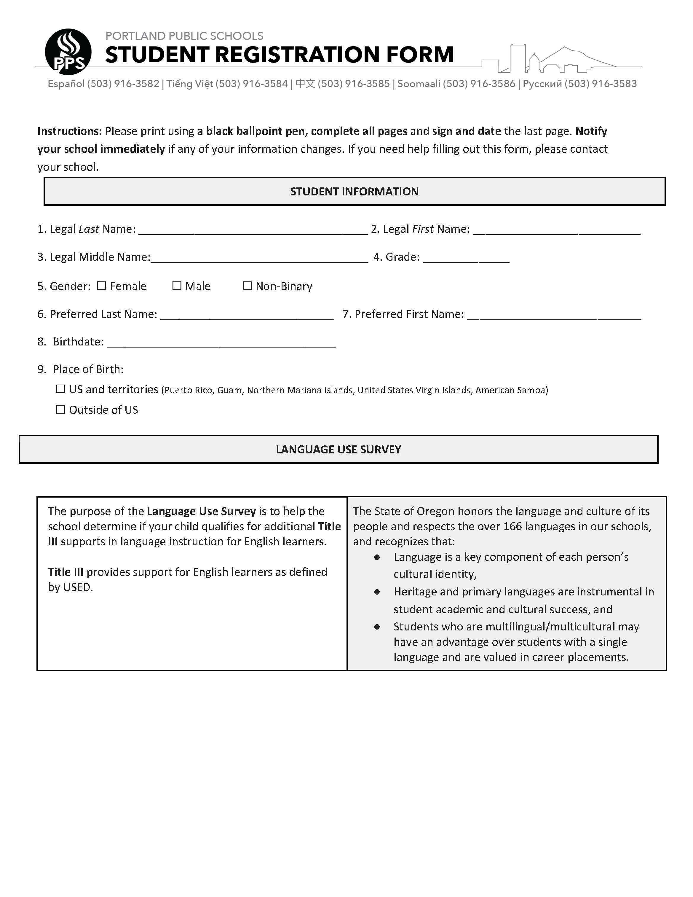 Enrollment & Transfer / Student Registration Form